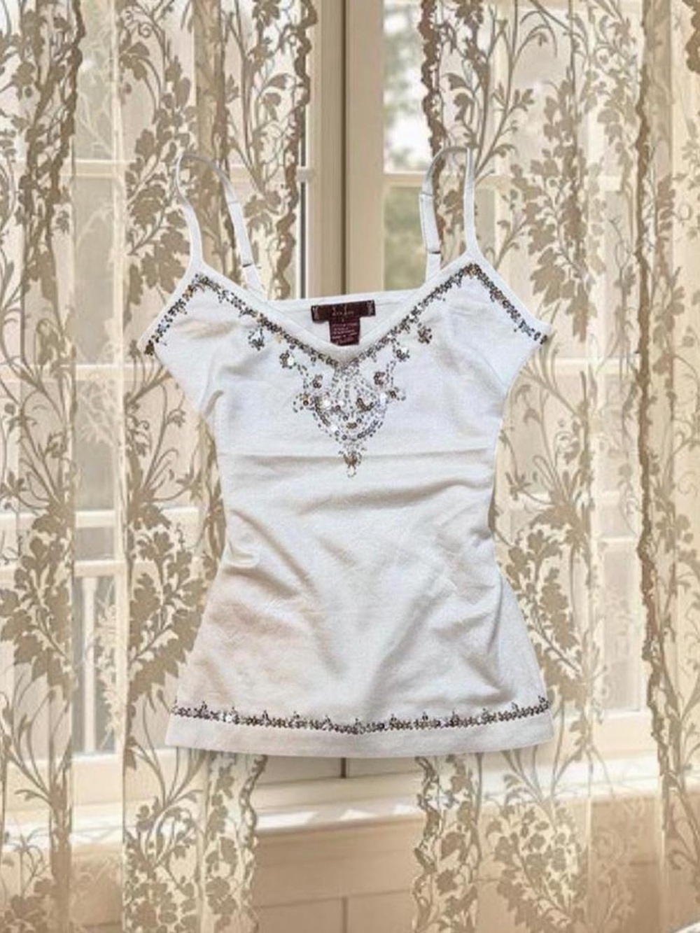 Vintage Y2K Deadstock Handmade White Fairycore Rhinestone Sequin Silk Top